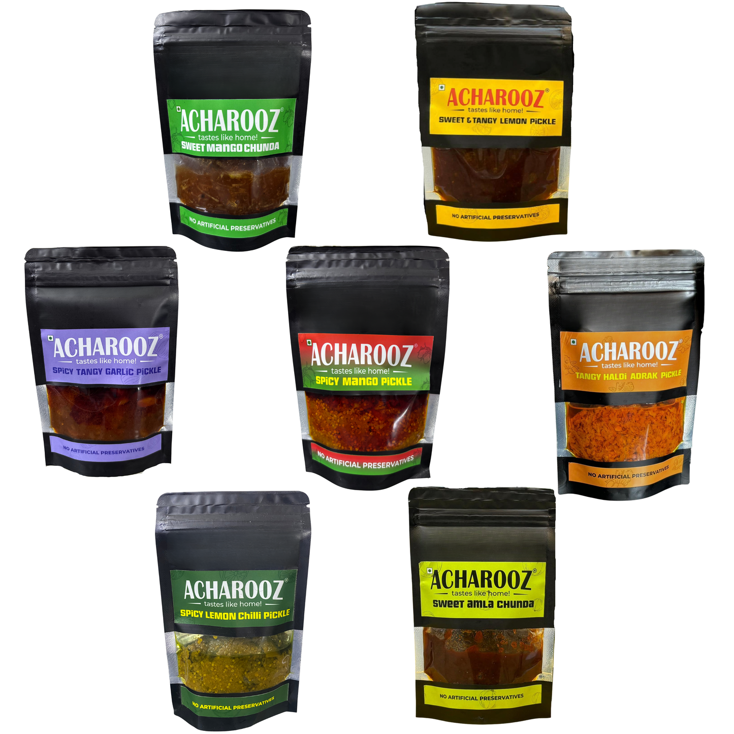 Acharooz Homemade 7 Pickles Jumbo Trial Pack – 7 Flavors x 100 g Each | Sweet, Spicy & Tangy Indian Pickles Assortment Combo