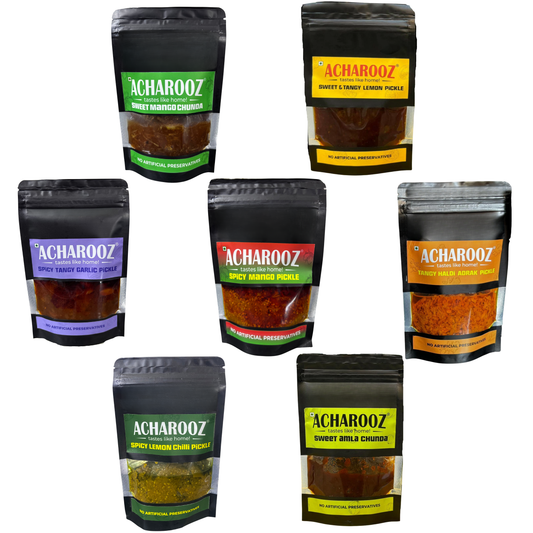 Acharooz Homemade 7 Pickles Jumbo Trial Pack – 7 Flavors x 100 g Each | Sweet, Spicy & Tangy Indian Pickles Assortment Combo